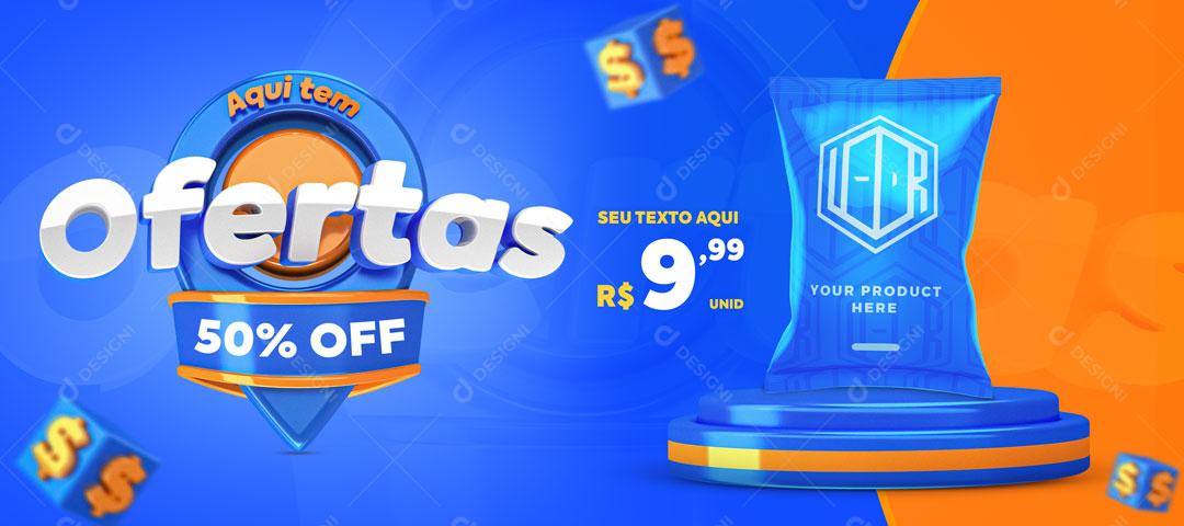 Post Banner Aqui Tem Ofertas 50% Off Produto Social Media PSD Editável