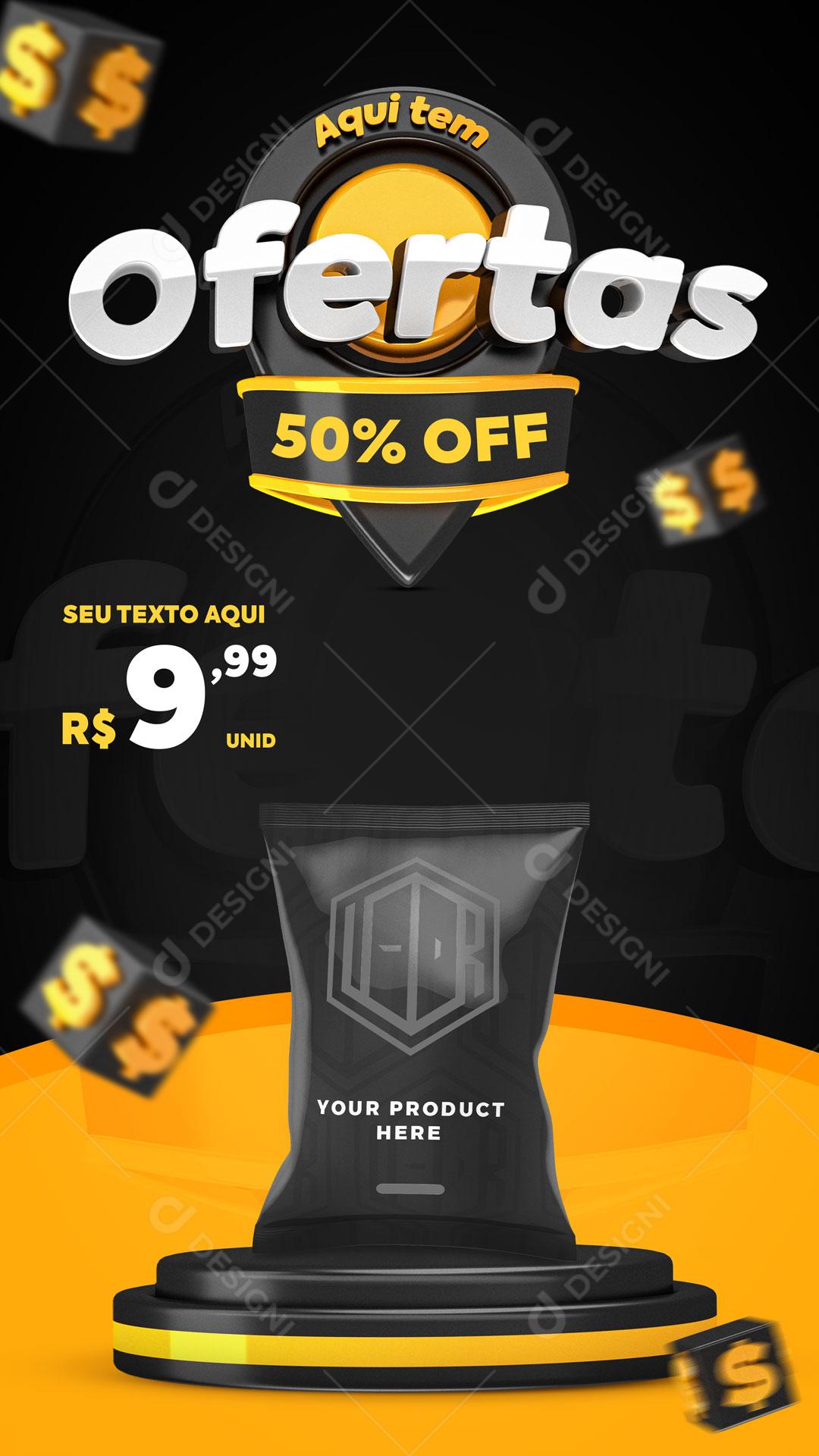 Post Story Aqui Tem Ofertas 50% Off Produto Social Media PSD Editável