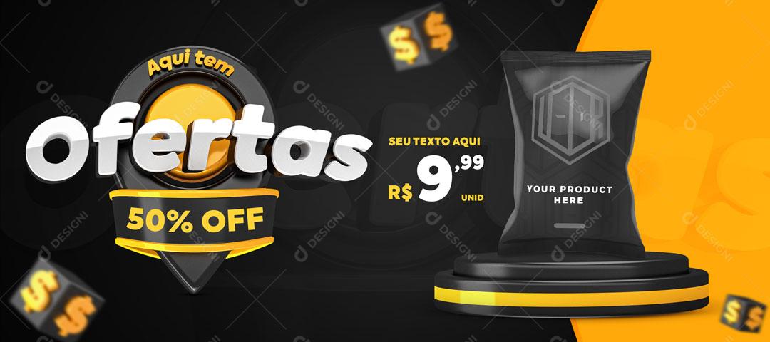 Post Banner Supermercado Aqui Tem Ofertas 50% Off Produto Social Media PSD Editável