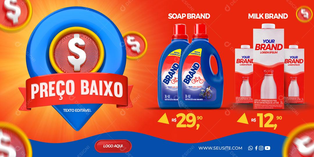 Post Banner Supermercado Preço Baixo Produtos Social Media PSD Editável