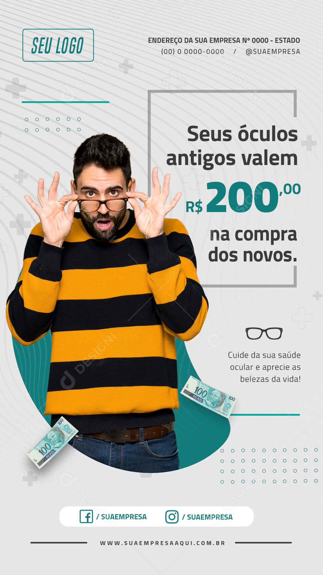 Post Story Ótica Seus Óculos Antigos Valem Social Media PSD Editável