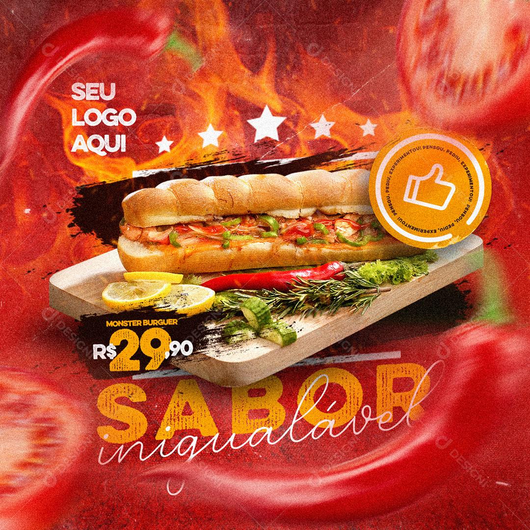 Post Feed Hamburgueria Monster Burguer Sabor Inigualável Social Media PSD Editável