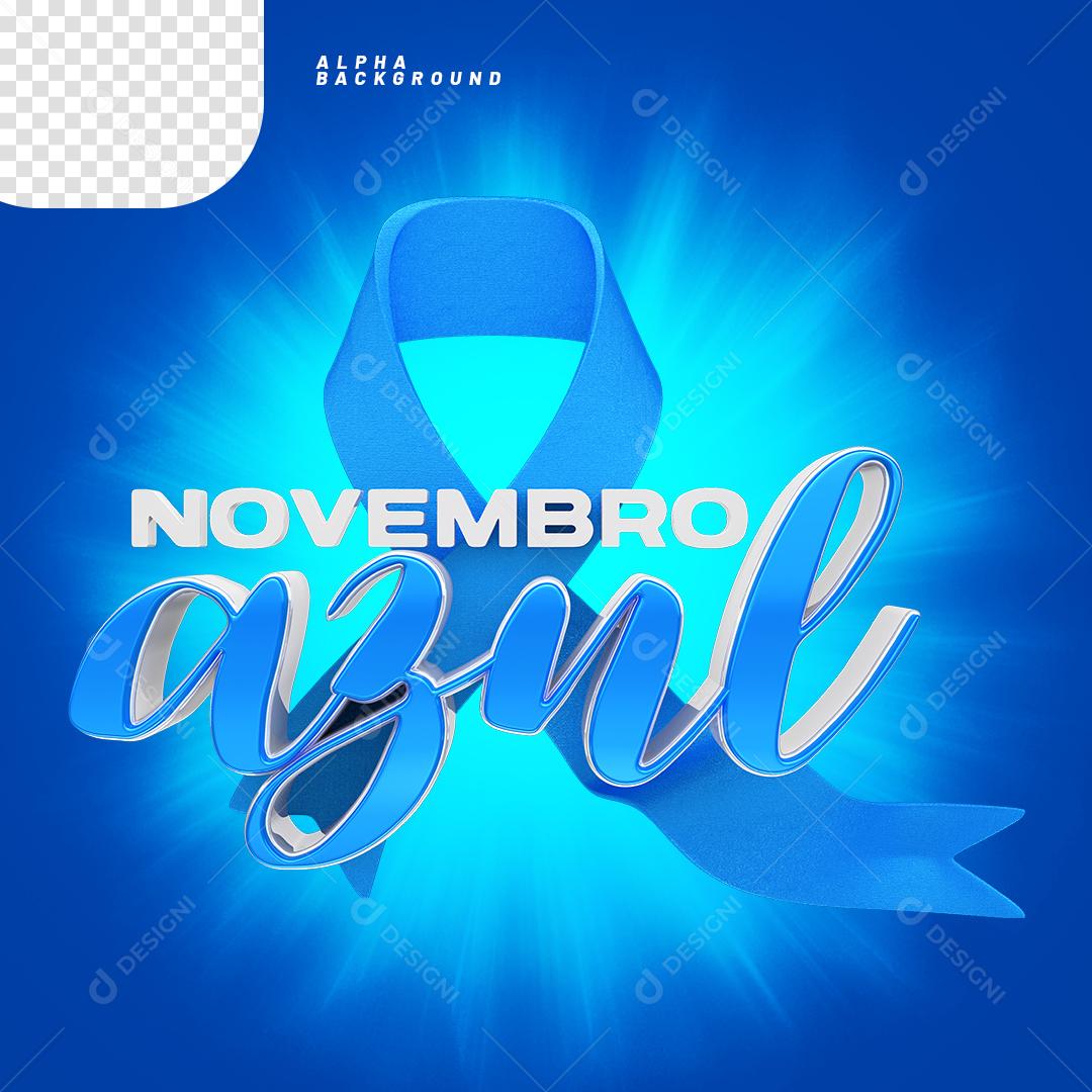 Elemento 3D Laço com Texto Novembro Azul PNG Transparente Sem Fundo