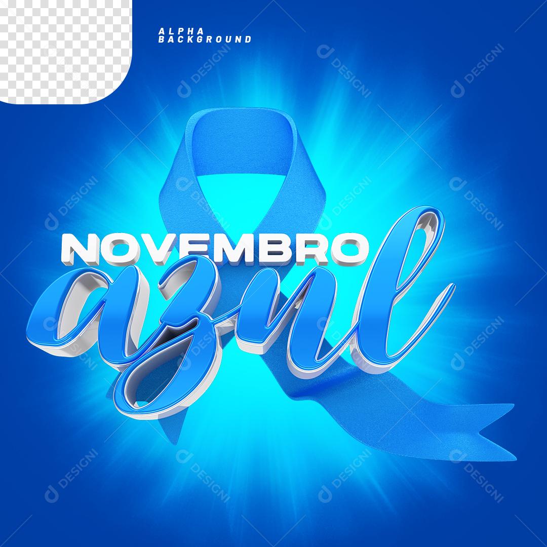 Elemento 3D Laço com Texto Novembro Azul PNG Transparente Sem Fundo