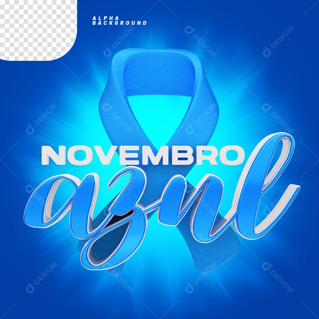 Elemento 3D Laço com Texto Novembro Azul PNG Transparente Sem Fundo