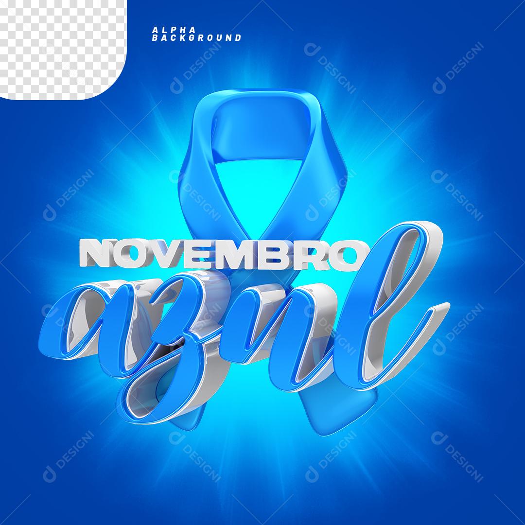 Elemento 3D Laço com Texto Novembro Azul PNG Transparente Sem Fundo