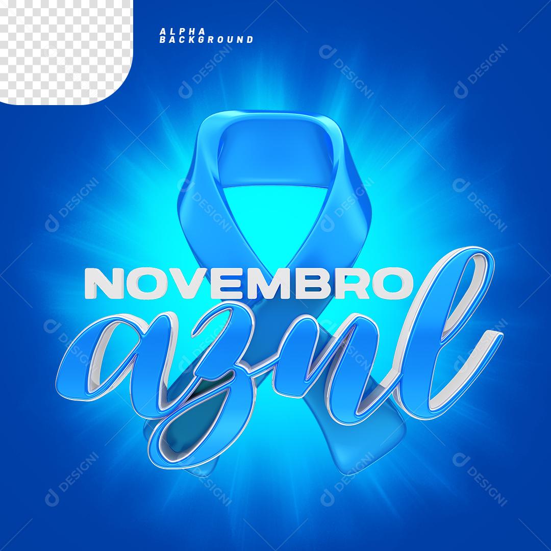 Elemento 3D Laço com Texto Novembro Azul PNG Transparente Sem Fundo