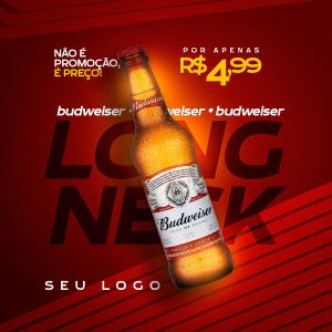 Post Feed Distribuidora Bebida Budweiser Long Neck Social Media PSD Editável