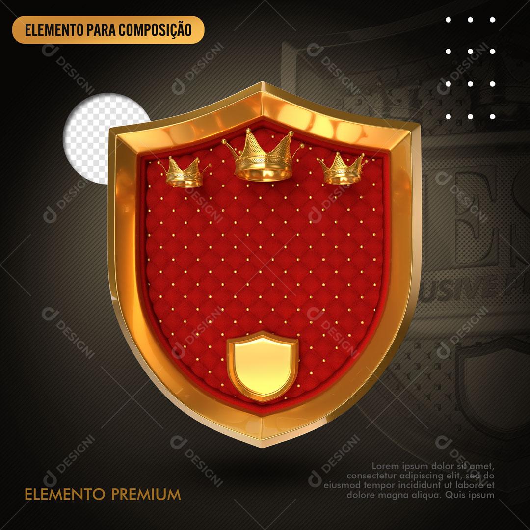 Brasão Vermelho Com Bordas em Cor de Ouro Elemento 3D Para Composição PSD