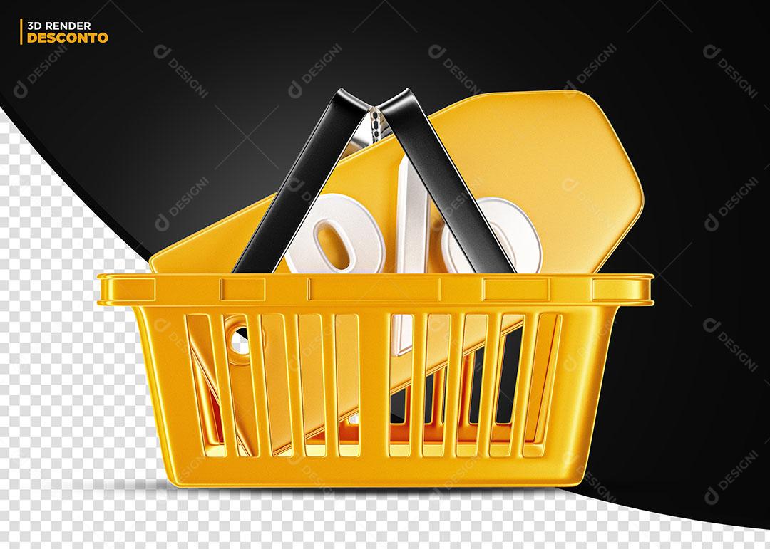 Cesta de Supermercado Amarela Elemento 3D Para Composição PSD