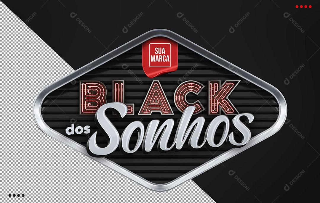 Black Dos Sonhos Selo 3D Texto Neon Vermelho Para Composição PSD Editável