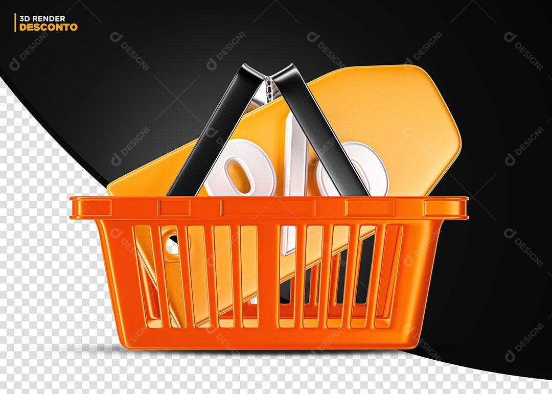 Cesta de Compras Tag Porcentage % Preto Elemento 3D Para Composição PSD