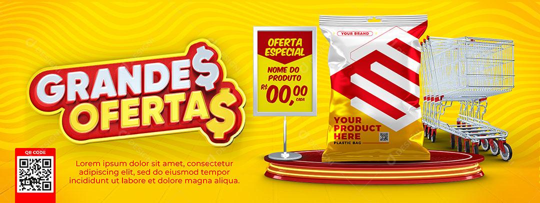Post Banner Supermercados Grandes Oferta Fundo Amarelo Social Media PSD Editáve