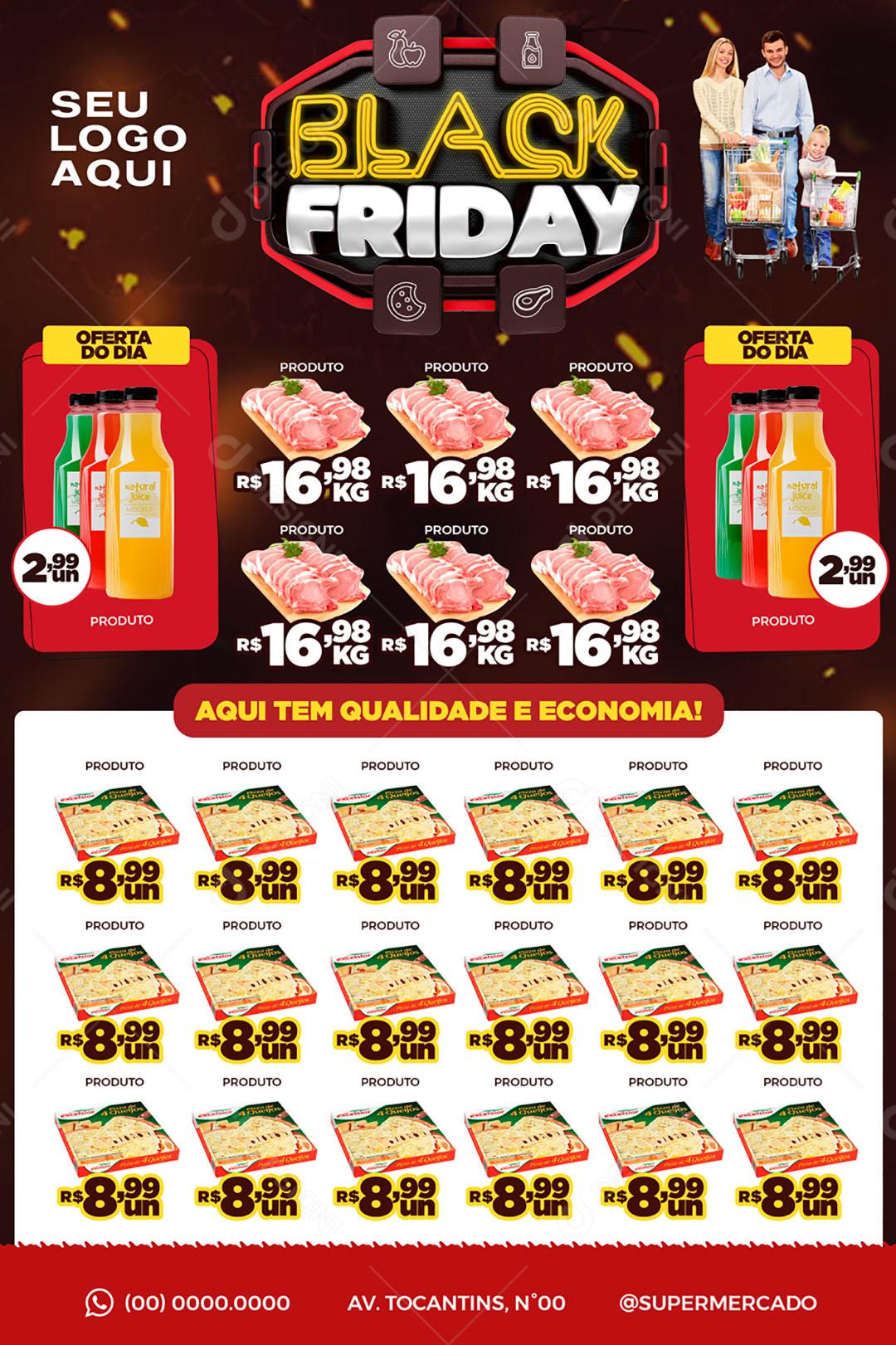 Encarte Supermercado Black Friday Aqui Tem Qualidade e Economia Social Media PSD Editável