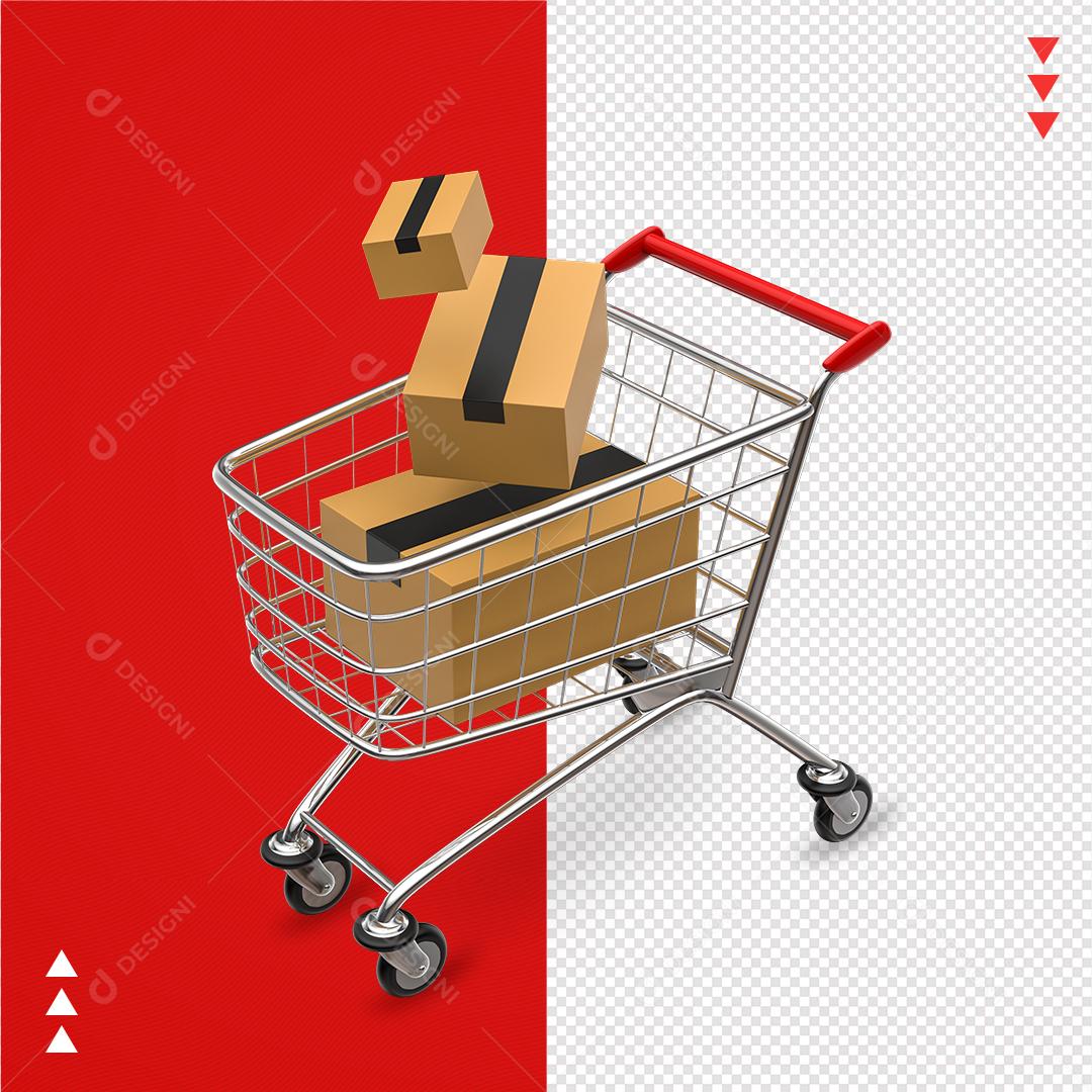 Elementos 3D para Composição Carrinho de Compras com Caixas Dentro PNG Transparente Sem Fundo