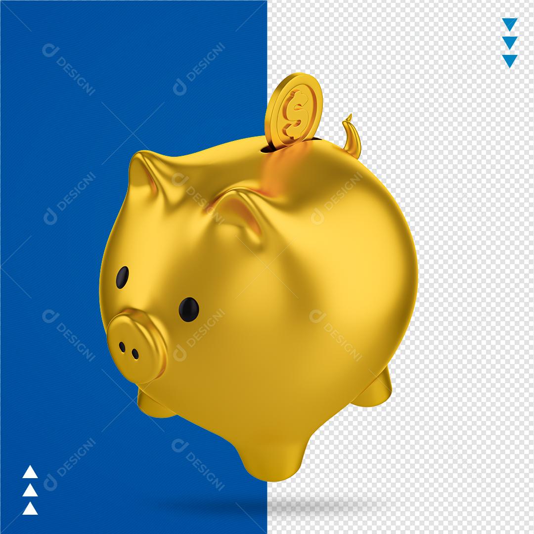 Elemento 3D para Composição Cofrinho de Porco Dourado Cartoon PNG Transparente Sem Fundo