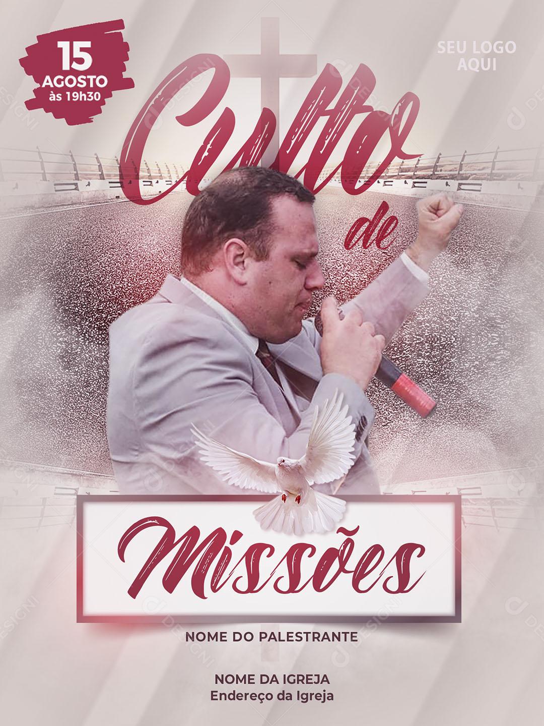 Flyer Gospel Culto de Missões Social Media PSD Editável