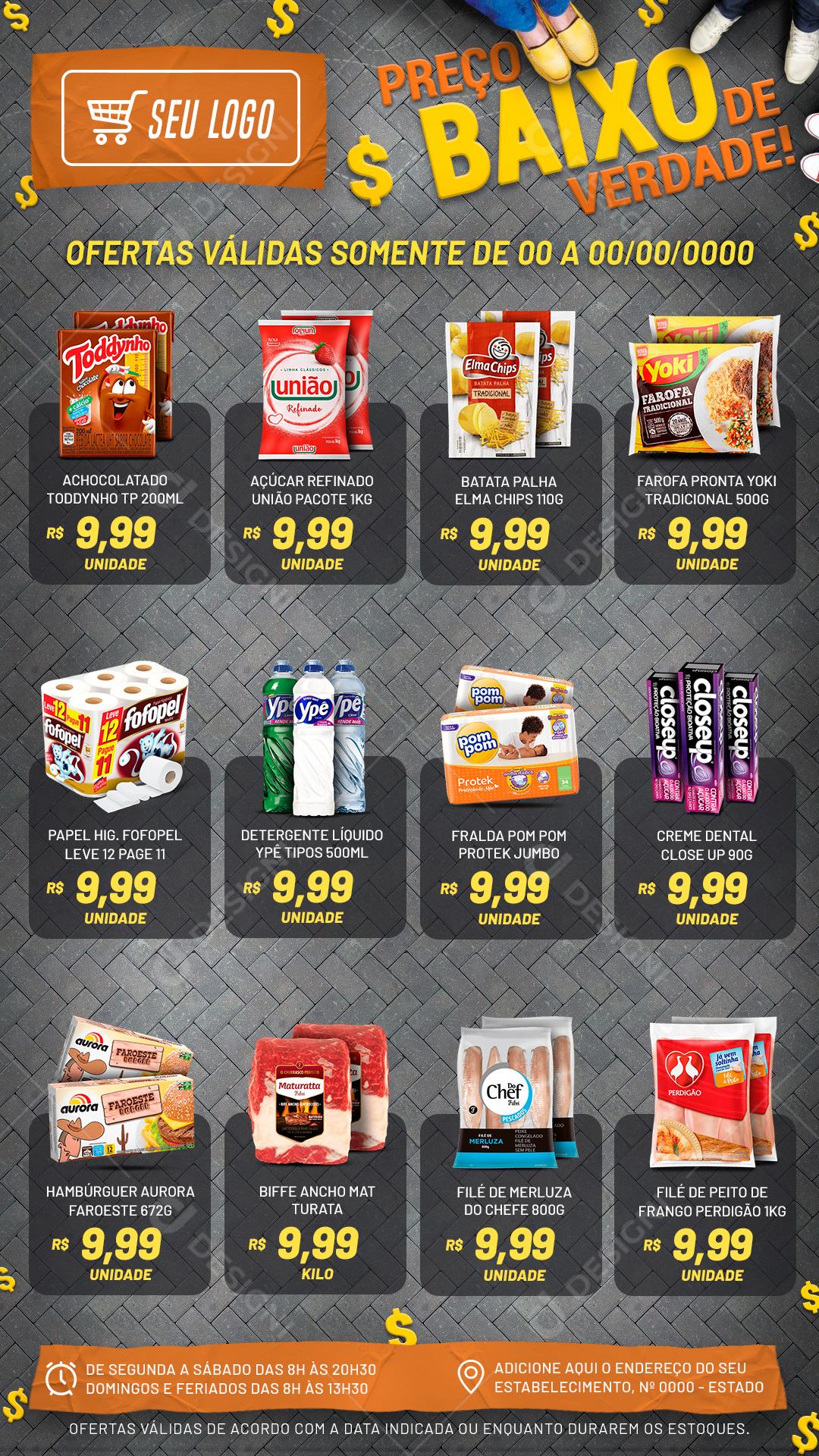 Encarte Supermercado Preço Baixo De Verdade Social Media PSD Editável