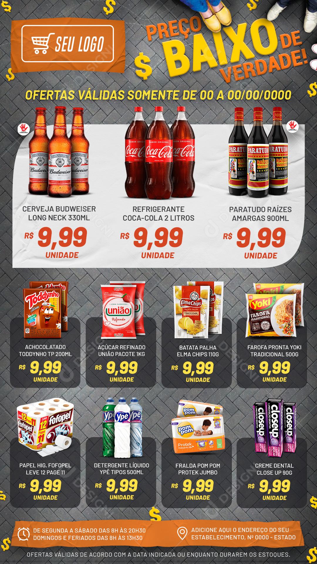 Encarte Supermercado Preço Baixo De Verdade Social Media PSD Editável