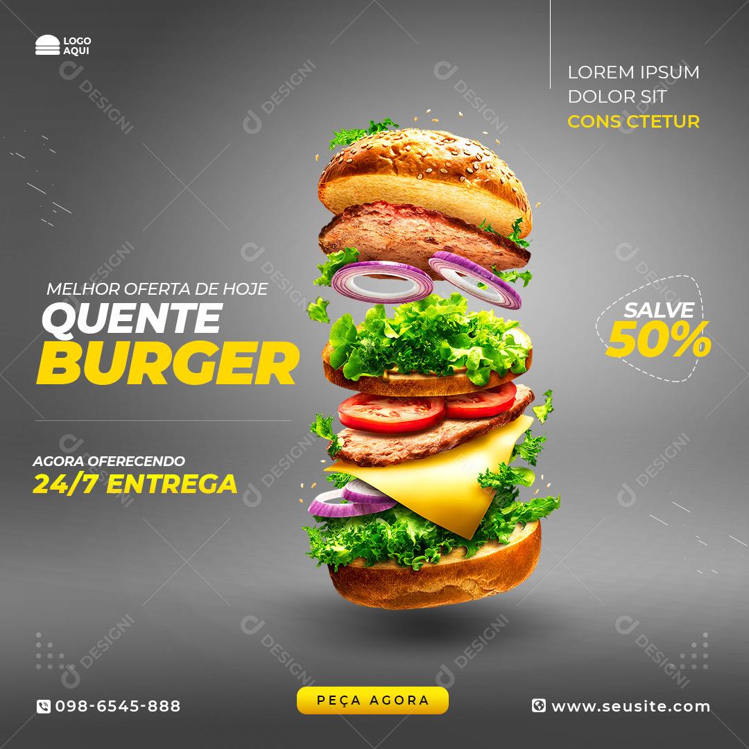 Post Feed Hamburgueria Melhor Oferta de Hoje Burguer Social Media PSD Editável