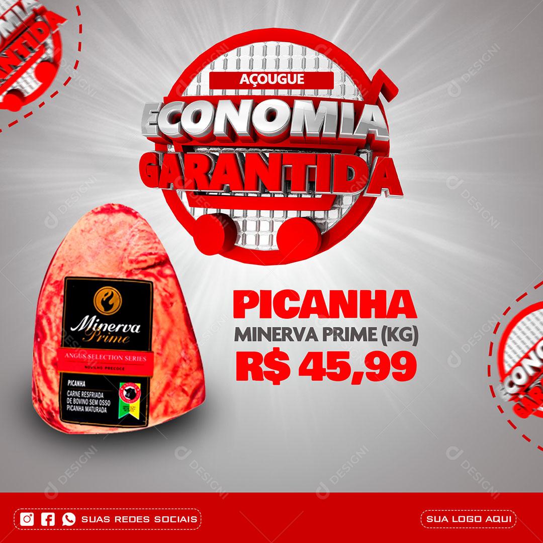 Post Feed Açougue Economia Garantida Carne Picanha Social Media PSD Editável