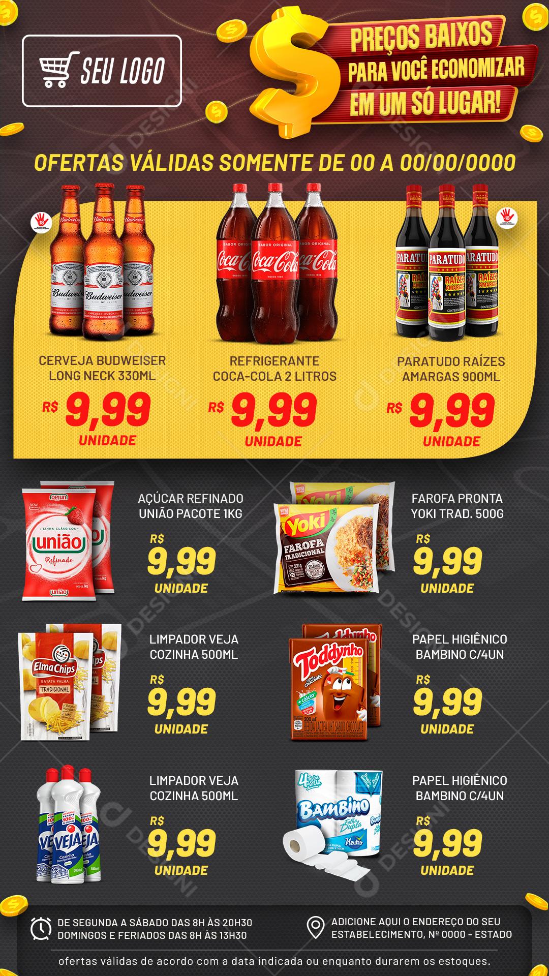 Encarte Supermercado Preço Baixo De Verdade Social Media PSD Editável