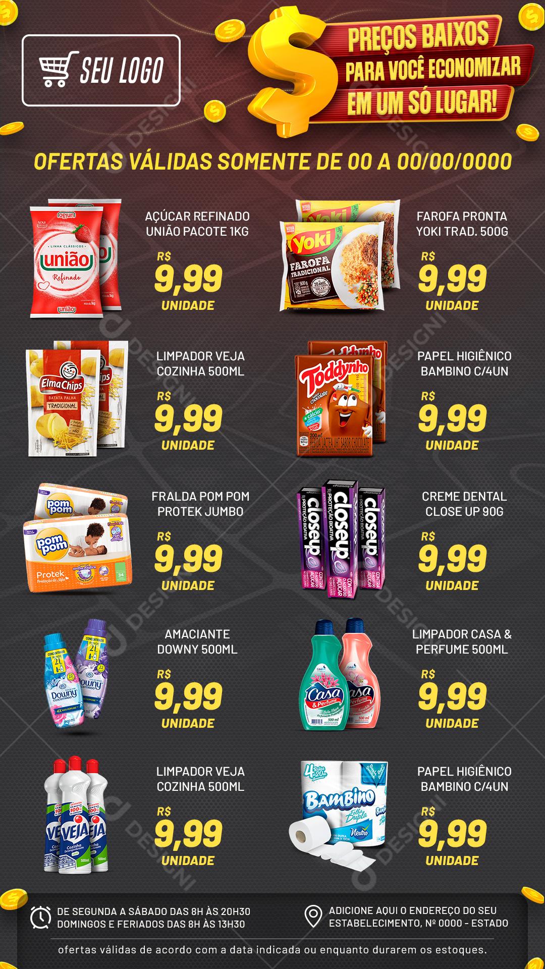 Encarte Supermercado Preço Baixo De Verdade Social Media PSD Editável