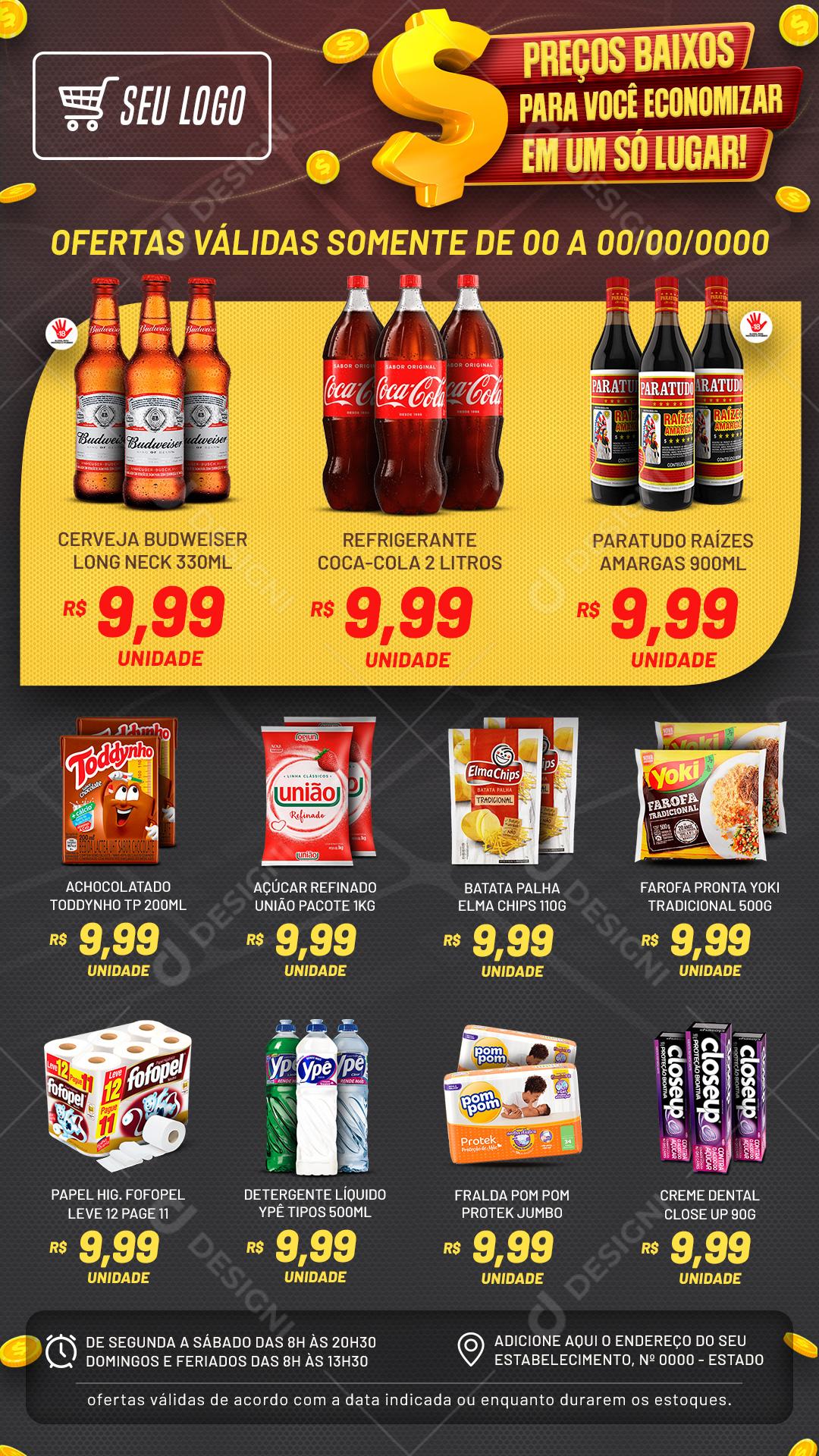 Encarte Supermercado Preço Baixo De Verdade Social Media PSD Editável