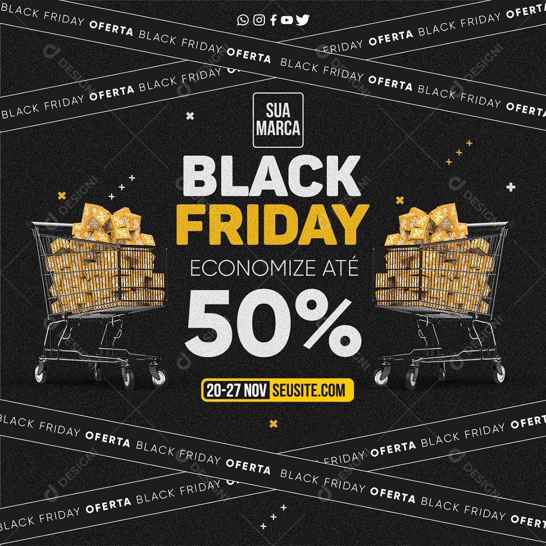 Post Feed Black Friday 50% Amarelo Social Media PSD Editável