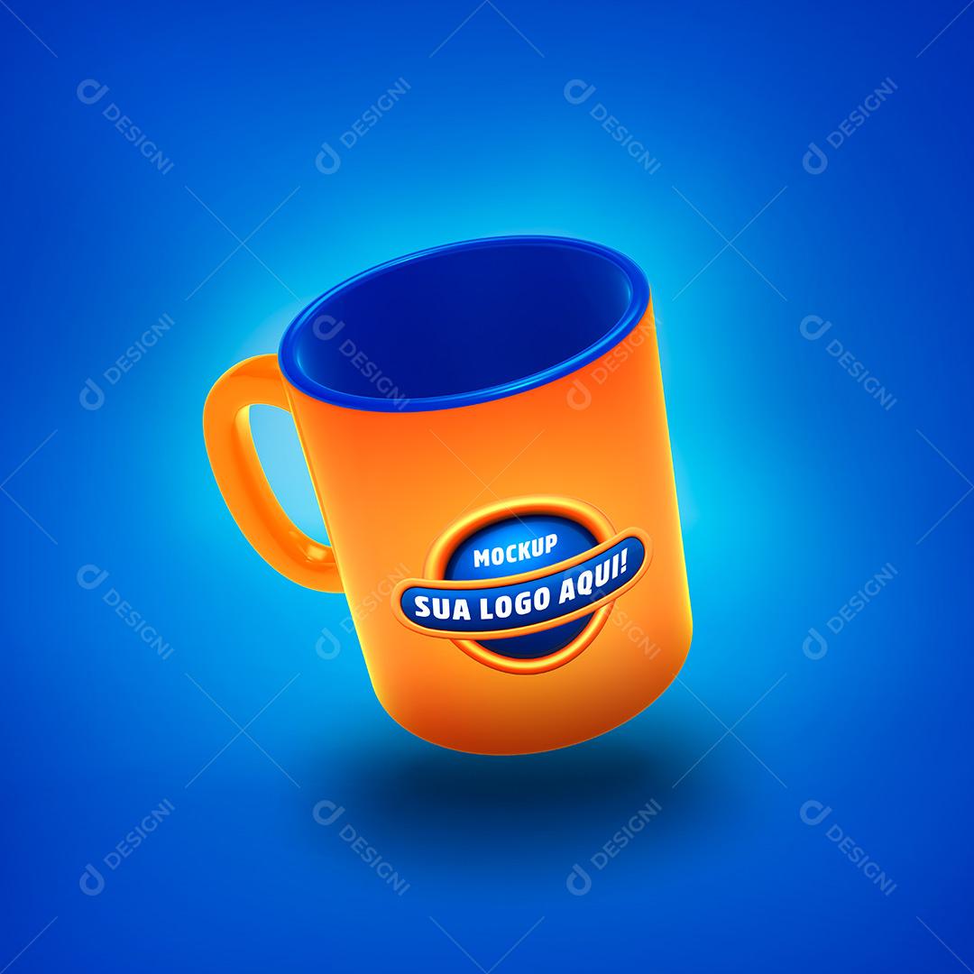 Mockup Caneca Laranja Isolado em Fundo Azul PSD Editável