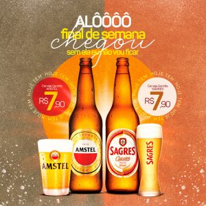 Final de Semana Chegou Cerveja Amstel e Cerveja Sagres Social Media PSD Editável