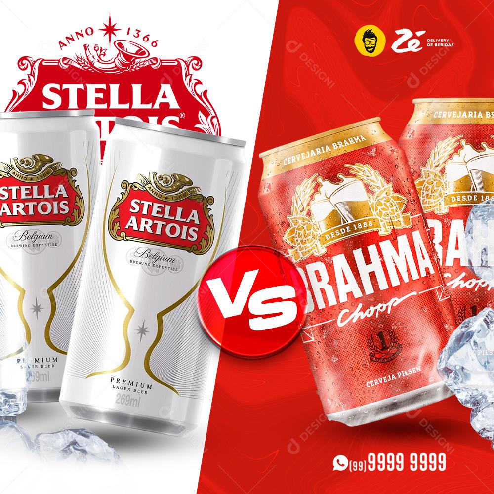 Post Feed Distribuidora Batalha de Bebidas Cerveja Stella VS Brahma Social Media PSD Editável