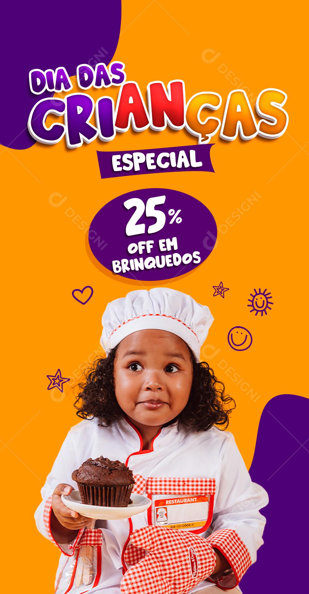 Post Story Dia das Crianças Especial 25% Off em Brinquedos Social Media PSD Editável