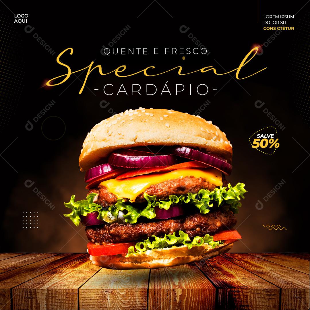 Post Feed Hamburgueria Quente e Fresco Cardápio Especial Social Media PSD Editável