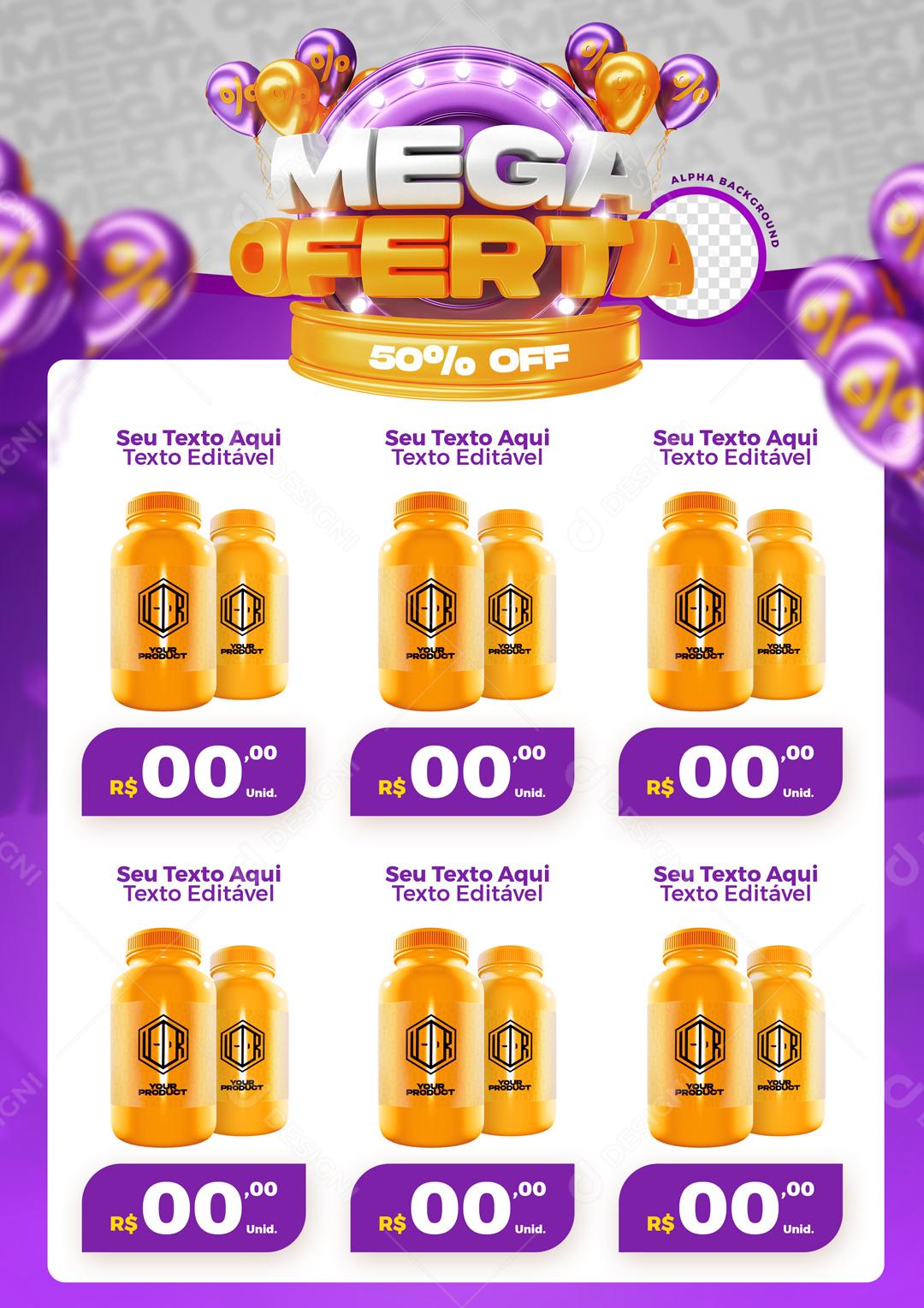 Encarte Mega Oferta Com Balões Roxos Selo 3D Social Media PSD Editável