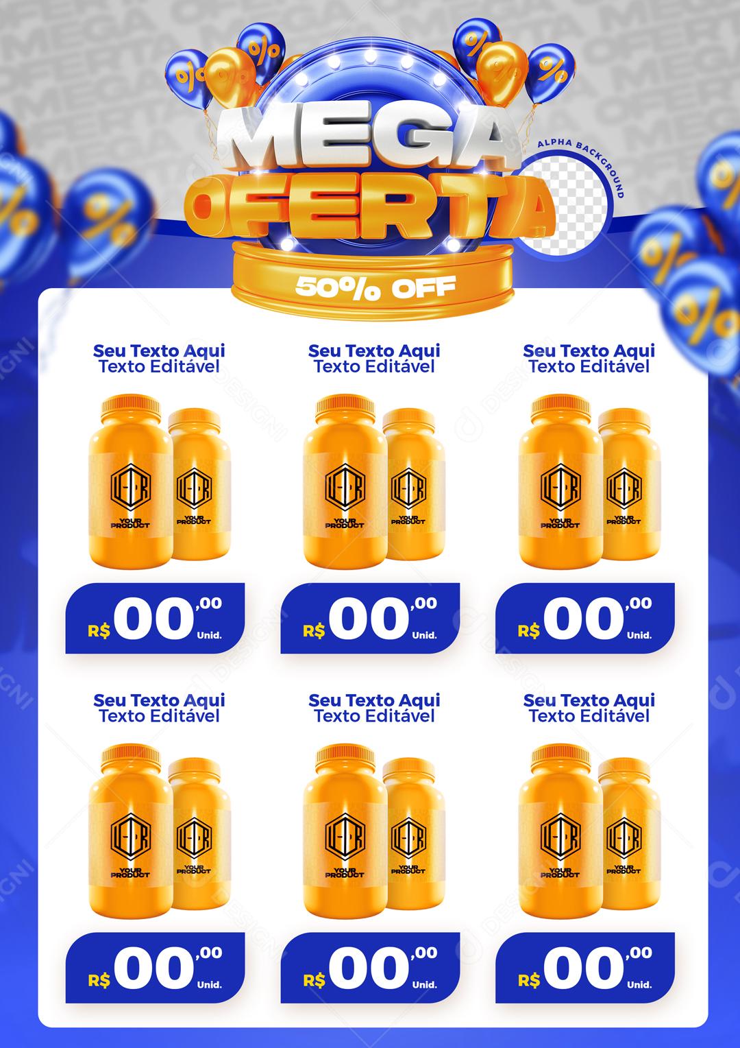 Encarte Mega Oferta Com Balões Azuis Selo 3D Social Media PSD Editável