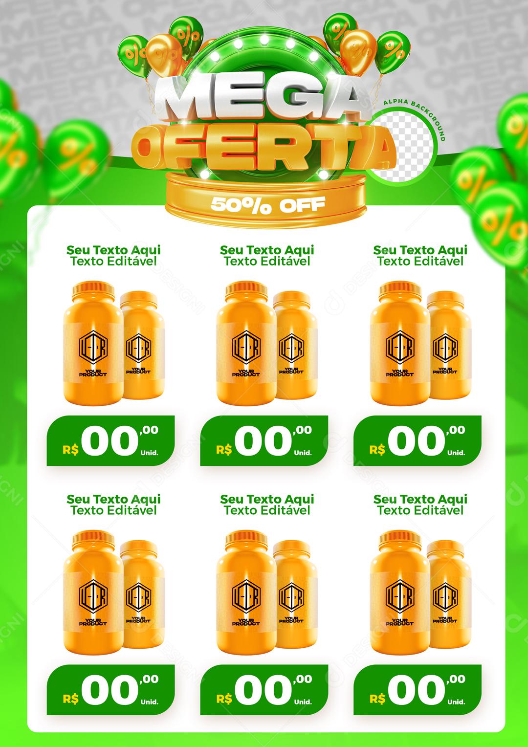 Encarte Mega Oferta Com Balões Verde Selo 3D Social Media PSD Editável