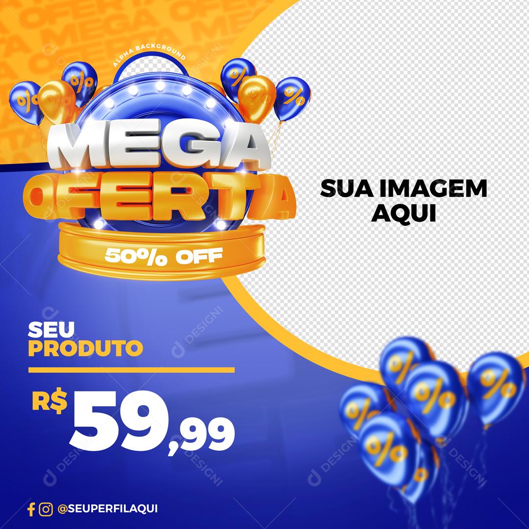 Mega Oferta Com Balões Azuis Selo 3D Social Media PSD Editável
