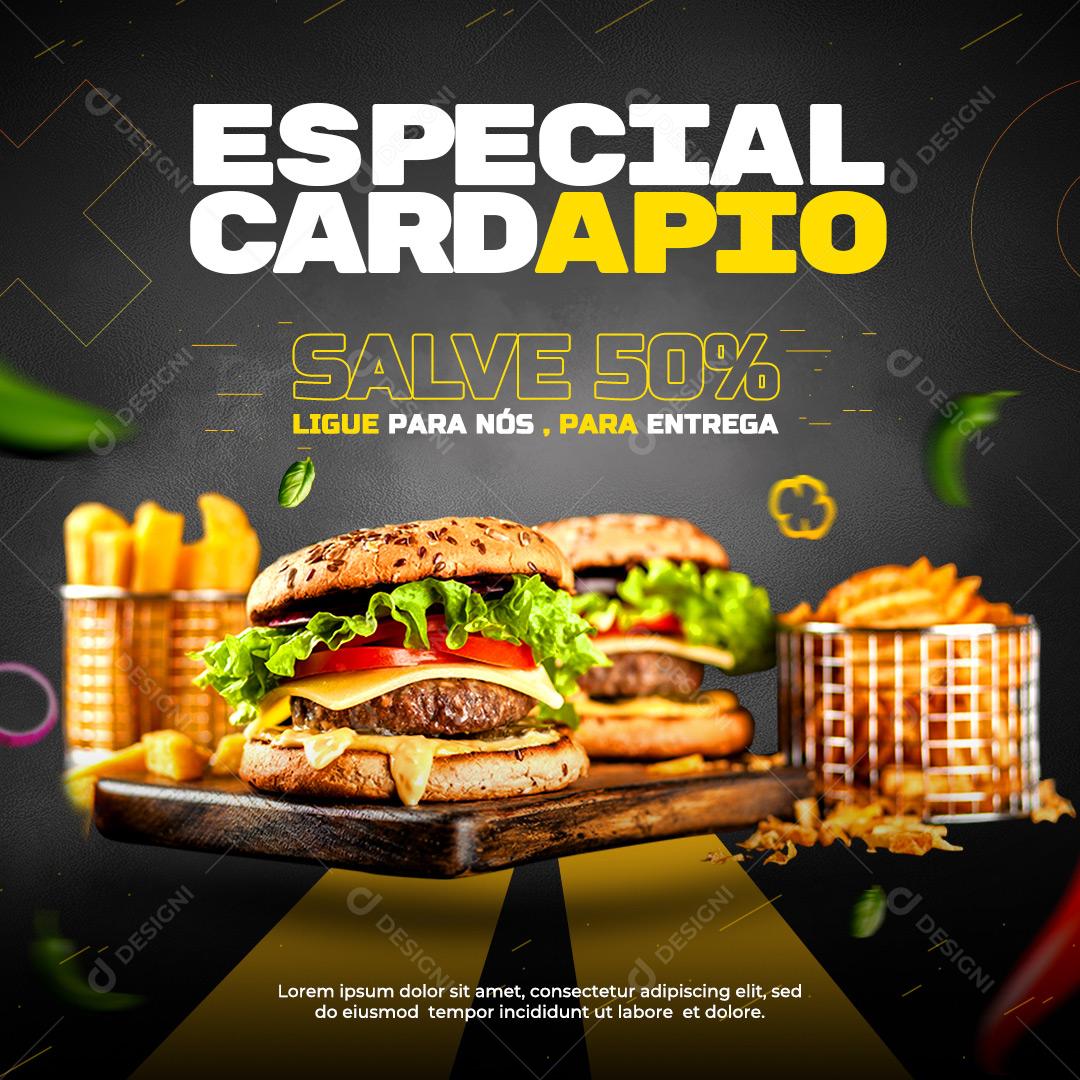 Post Feed Hamburgueria Cardápio Especial 50% de Desconto Social Media PSD Editável
