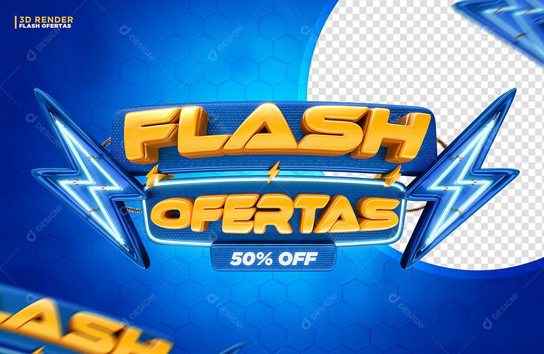 Selo 3D Flash Ofertas 50% OFF Azul Para Composição PSD