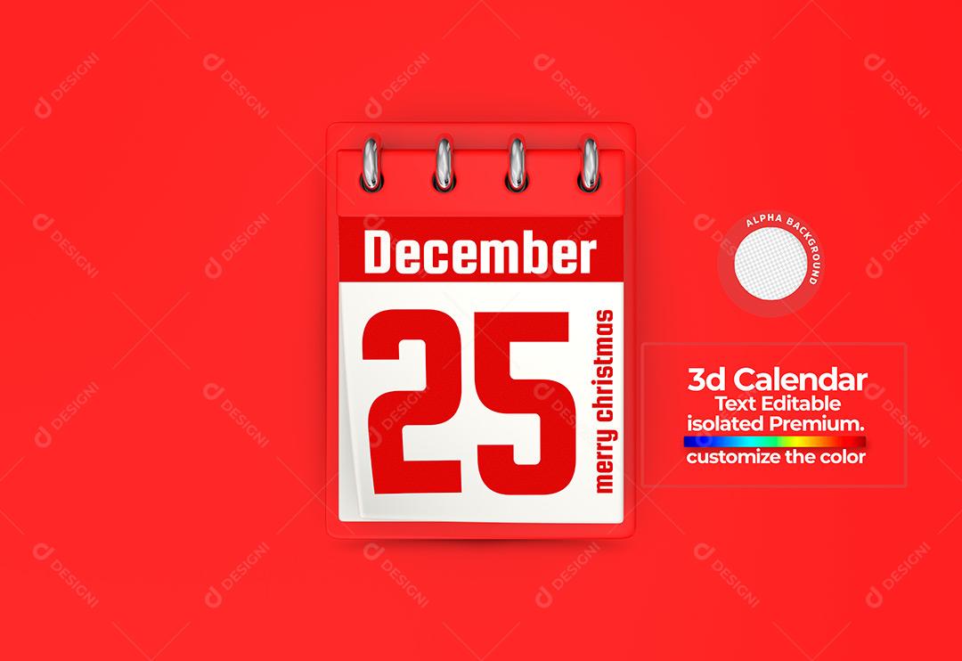 Calendário 25 de Dezembro Elemento 3D Para Composição Textos Editáveis PSD