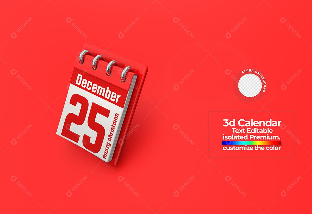 Calendário 25 de Dezembro Elemento 3D Para Composição Textos Editáveis PSD