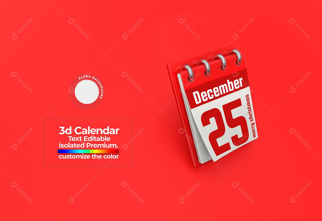 Calendário 25 de Dezembro Elemento 3D Para Composição Textos Editáveis PSD