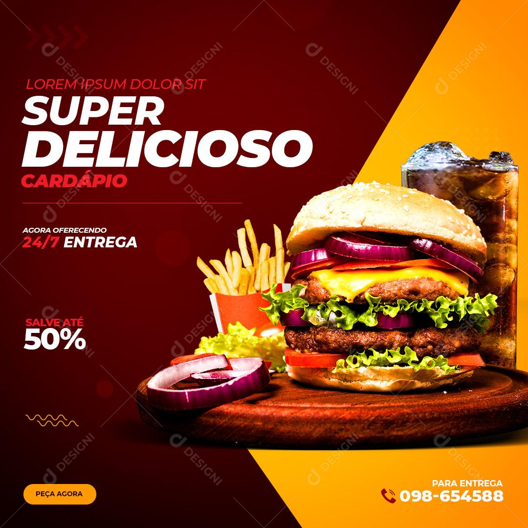 Post Feed Hamburgueria Combo Super Delicioso Cardápio Social Media PSD Editável