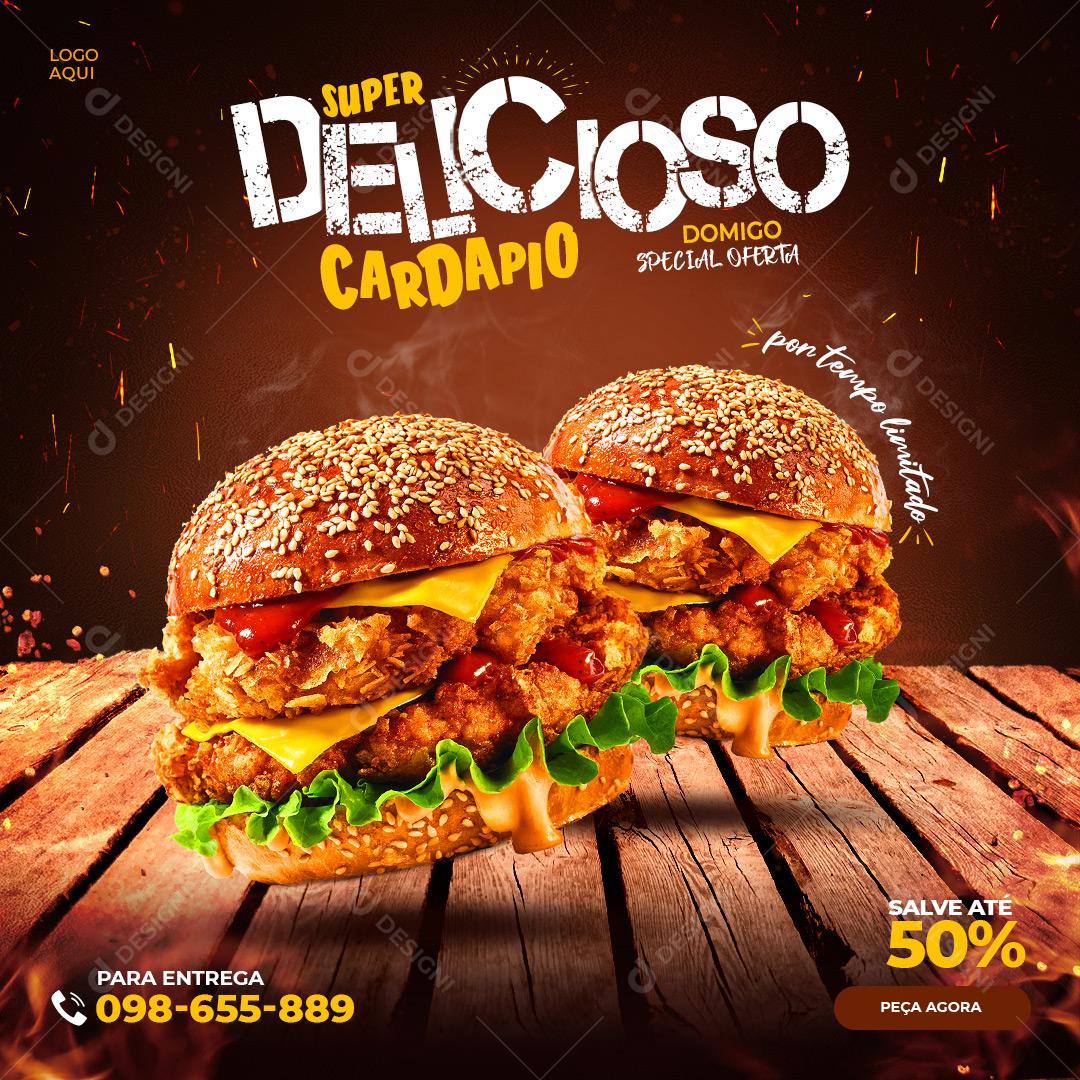 Post Feed Hamburgueria Super Delicioso Cardápio Social Media PSD Editável
