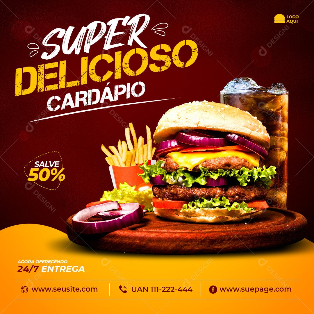 Post Feed Hamburgueria Super Delicioso Cardápio Social Media PSD Editável