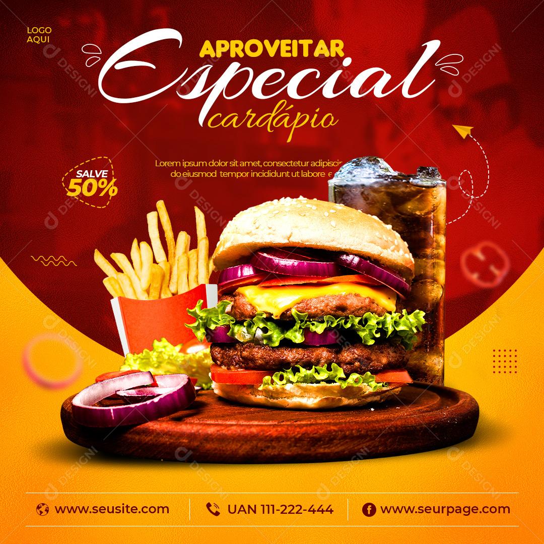 Post Feed Hamburgueria Combo Cardápio Especial Social Media PSD Editável