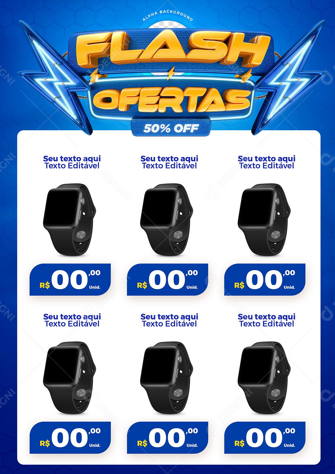 Post Feed Loja Flash Ofertas 50% Off Produtos Eletrônicos Social Media PSD Editável
