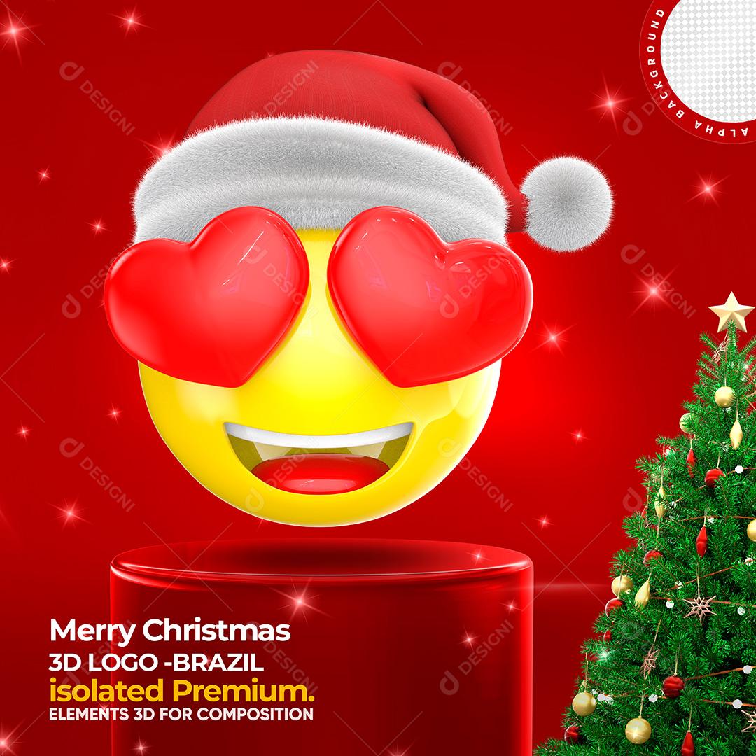 Elemento 3D Para Composição Emoji Carinha Com Corações e Gorro de Natal PSD