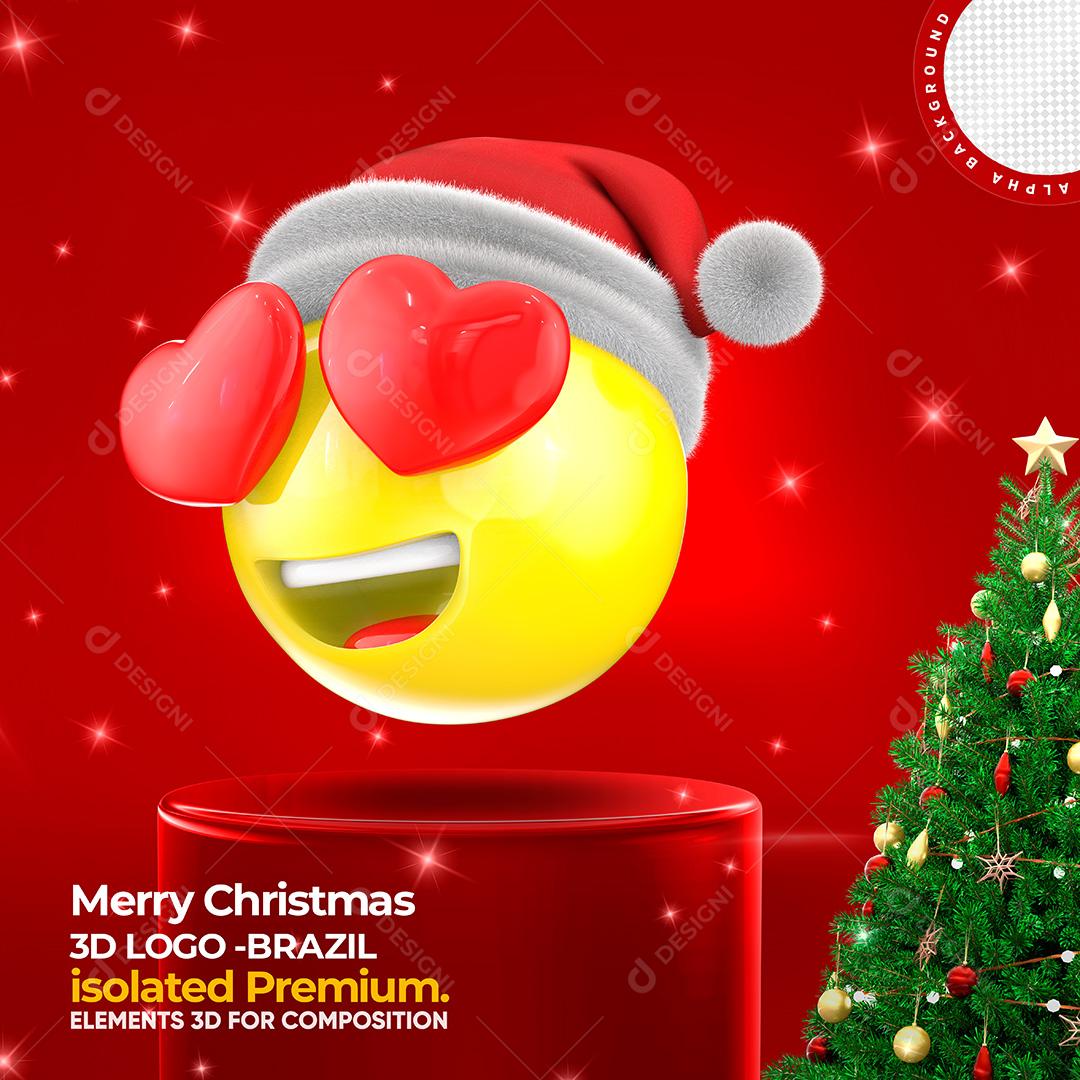 Elemento 3D Para Composição Emoji Carinha Com Corações e Gorro de Natal PSD